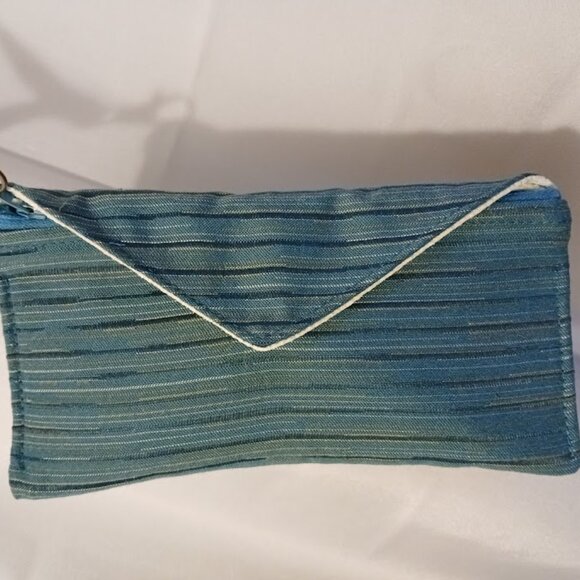 New Clutch Wristlet Wallet Teal Blue Gold Coin Purse Zippy Envelope Pouch - Picture 2 of 7